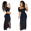 Women's Long Dress Ribbed Top Chipped and Low-cut Puff Sleeve 2213