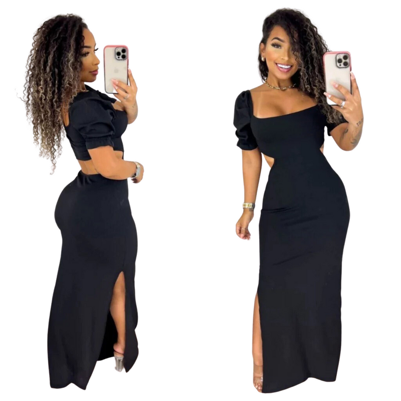 Women's Long Dress Ribbed Top Chipped and Low-cut Puff Sleeve 2213