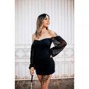 Vestido Curto Tubinho Suplex Manga Longa em Tule Blogueirinha - Preto