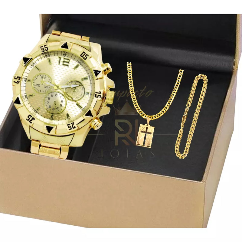 Conjunto masculino de relógio, corrente e pulseira com pingente de cruz.