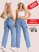 Calça Wide Leg Feminina Cargo Pantalona – 100% Algodão Cintura Alta Levanta Bumbum