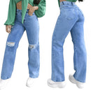 MANAL JEANS Wide Leg Pantalone Jeans with Rip at the Knee High Waist Marbled REF008