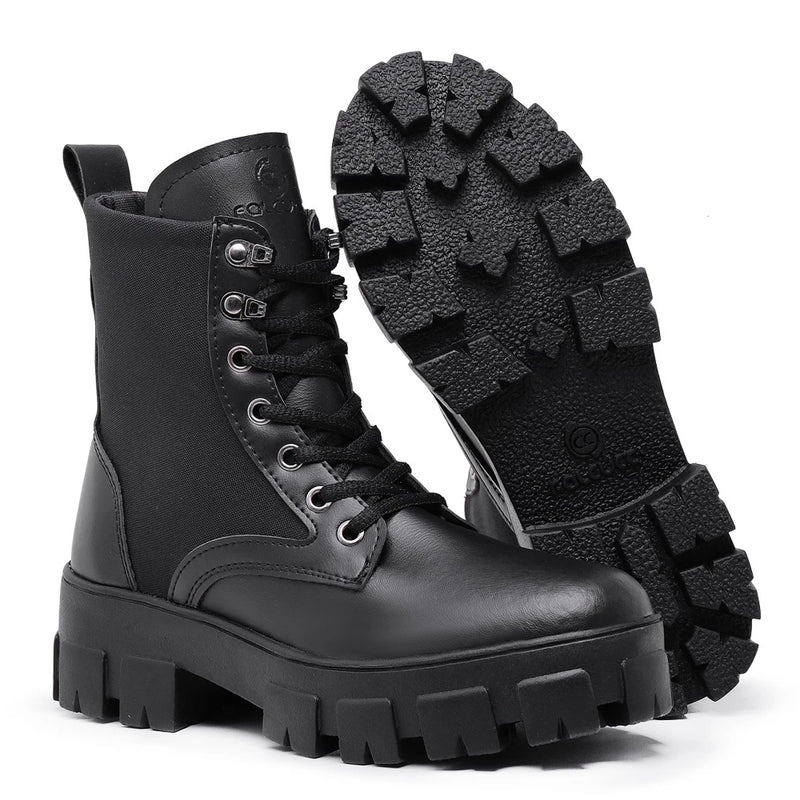 Falcucci Women's Nude Combat Boots Blogueira Tratorada Militar Short Cano