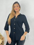 Blusa Social Feminina com Botões e Gola Colarinho e Detalhes na Manga Tamanho Único (Veste do 38 ao 42)