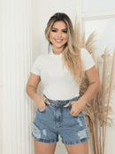 3007 Short jeans rasgada cintura alta  feminina okfinemoda