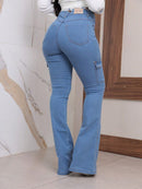 BAZZUT Jeans Calça Flare Clara bolso Cargo do lado Cintura alta com lycra modela bumbum tendência