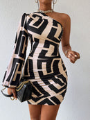 Slayr Vestido Feminino Com Estampa Geométrica E Manga De Lanterna De Um Ombro