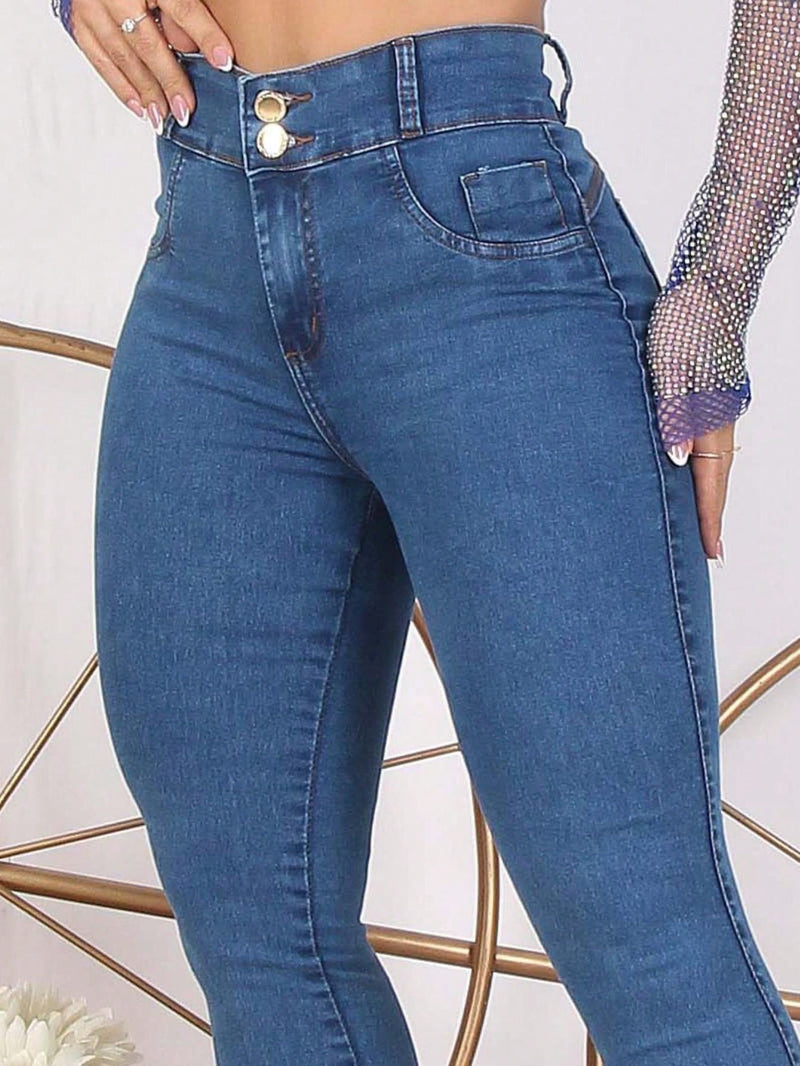 Calça Jeans feminina botão duplo Lycra cintura alta elástico levanta bumbum