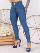 Calça Jeans feminina botão duplo Lycra cintura alta elástico levanta bumbum