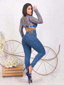 Calça Jeans feminina botão duplo Lycra cintura alta elástico levanta bumbum