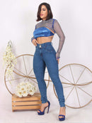 Calça Jeans feminina botão duplo Lycra cintura alta elástico levanta bumbum