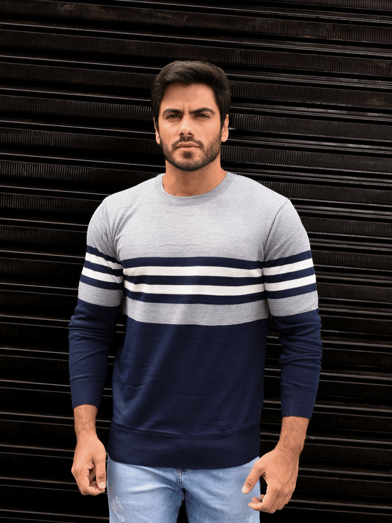 3RD FASHION Blusa Frio Masculino Suéter Modal Listrada Gola Redonda Inverno 3RD SD355