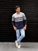 3RD FASHION Blusa Frio Masculino Suéter Modal Listrada Gola Redonda Inverno 3RD SD355