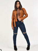 Jaqueta Casaco Feminina Couro Sintético Jaquetinha com zíper e cinto Coleção Inverno