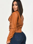 Jaqueta Casaco Feminina Couro Sintético Jaquetinha com zíper e cinto Coleção Inverno