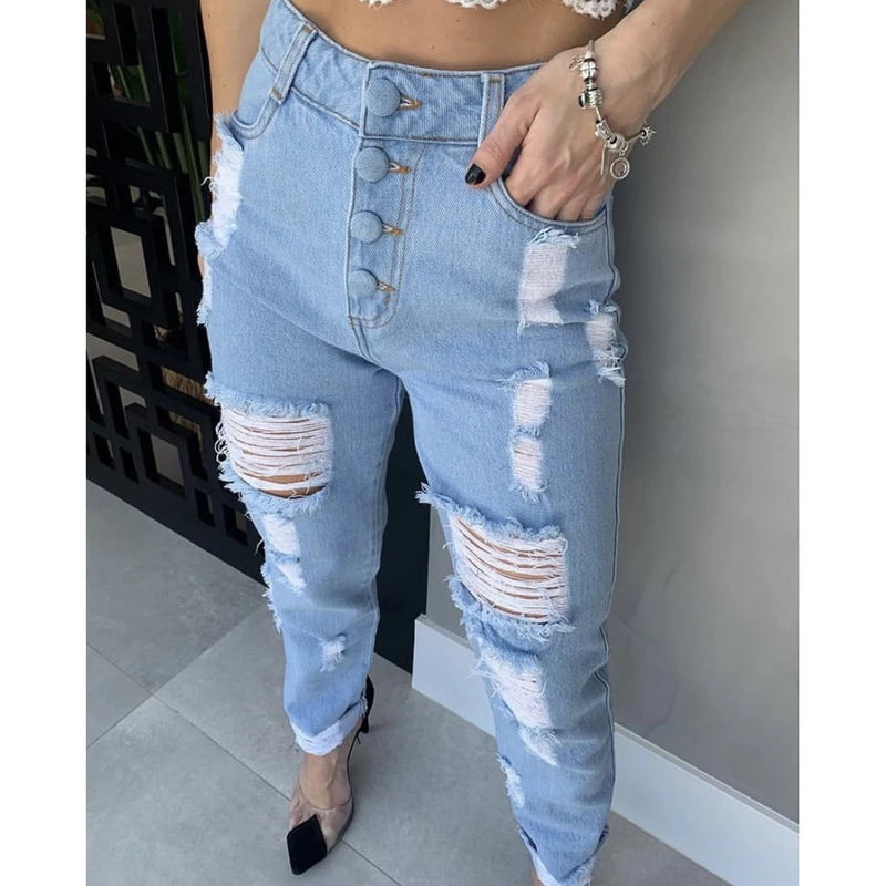 Pants Ripped Button Covered New
