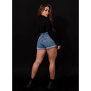 Short Jeans Feminino Mom Cintura Alta Na Moda Com Botão Encapado Barra Dobrada