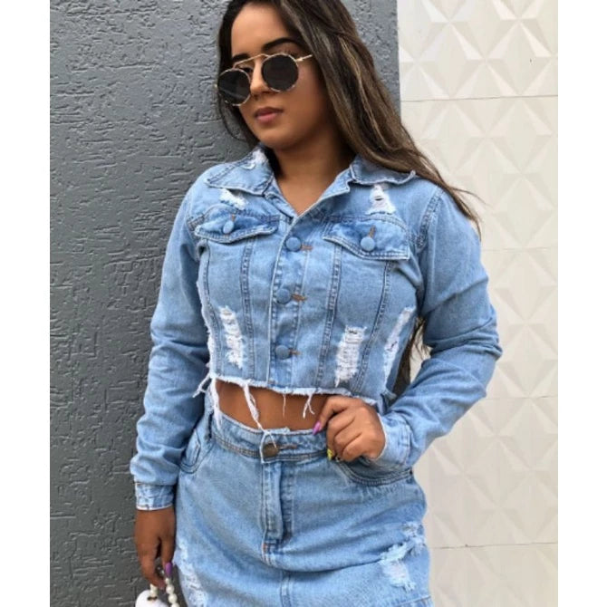 Jaqueta Jeans Feminina Cropped Rasgada – Tendência Estilo Blogueira