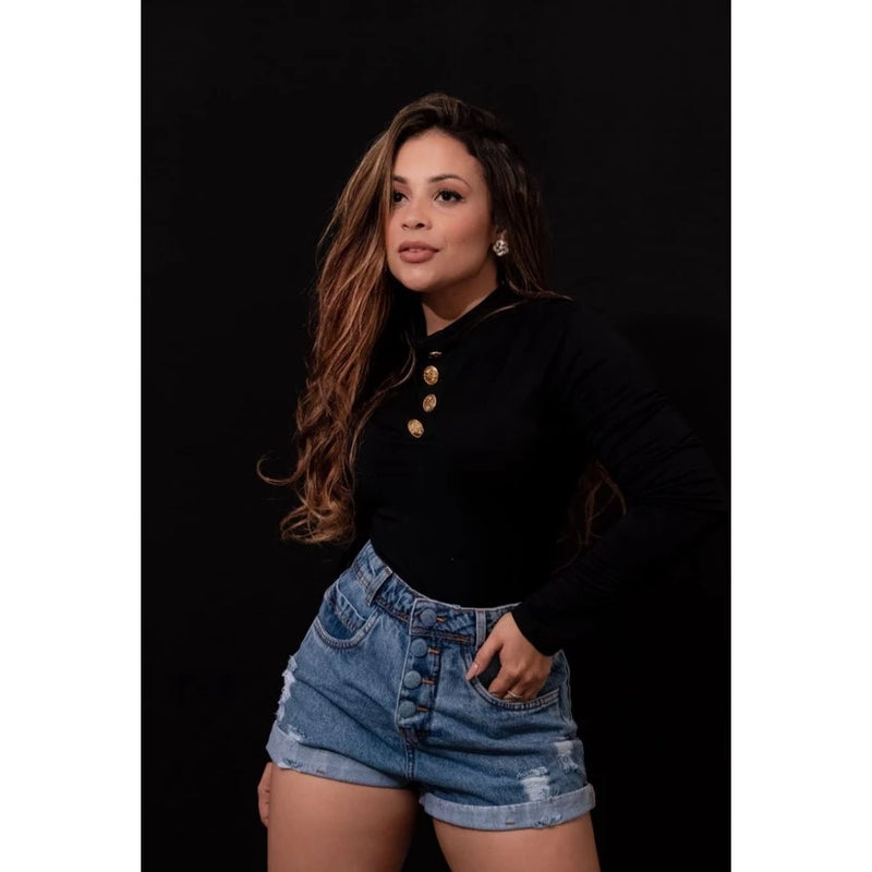 Women's Mom Jeans Shorts Fashionable High Waist With Covered Button Folded Hem