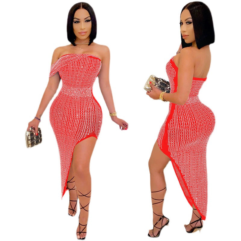 One Shoulder Sexy Skirt Party Sequin Bead Flash Full Dress