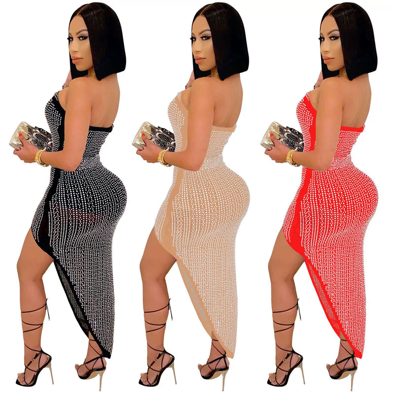 One Shoulder Sexy Skirt Party Sequin Bead Flash Full Dress