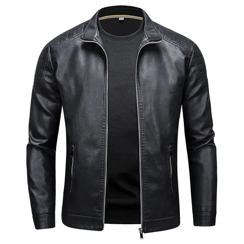Jaqueta de couro com gola alta masculina, jaqueta casual de couro slim versão coreana