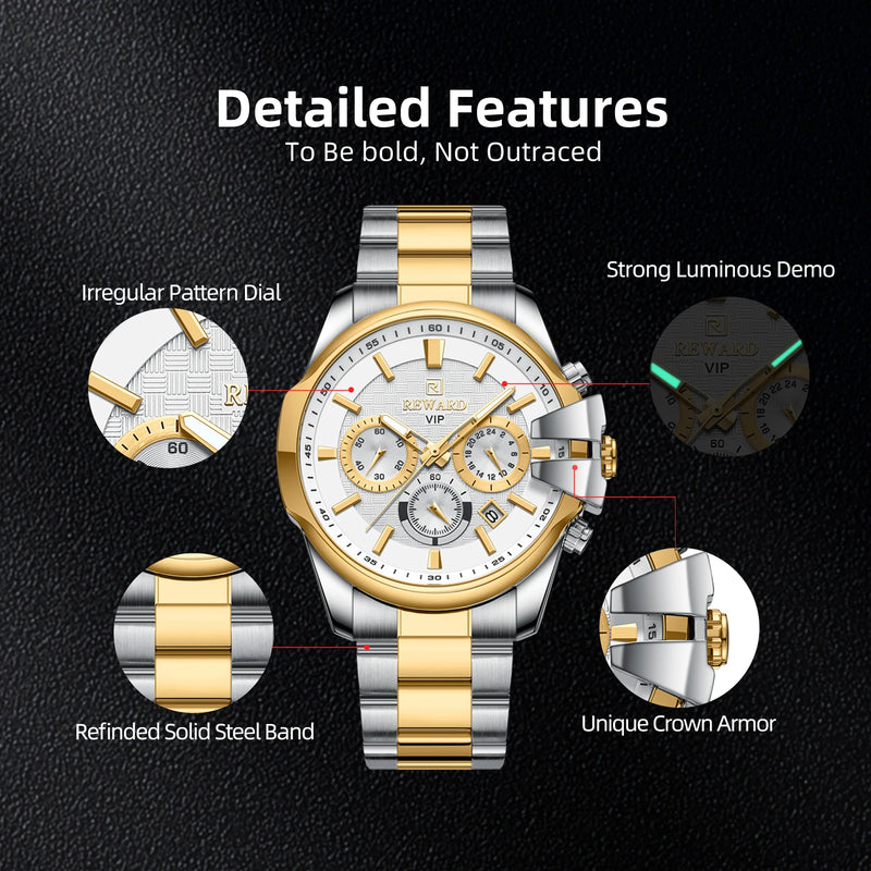 New Design REWARD VIP Business Men's Wrist Watches Chronograph Luminous Sport Watches for Men Water Resistant Stainless Steel
