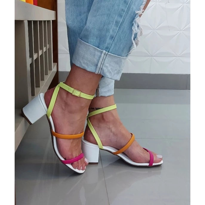 Women's Flat Sandal Buckle Block Heel Comfortable Clog Heels Round Toe Colorful Strap Trend
