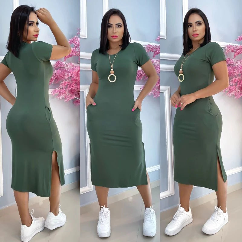 women's viscolycra midi dress with pocket trend summer