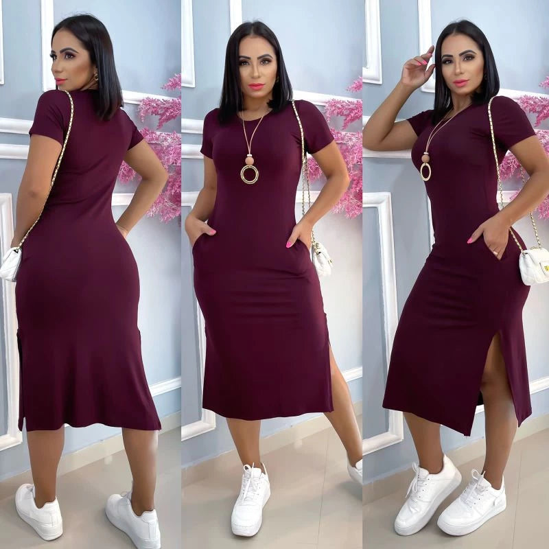 women's viscolycra midi dress with pocket trend summer