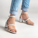 Sandália feminina salto bloco grosso fivela tira strass pré wedding confortavel