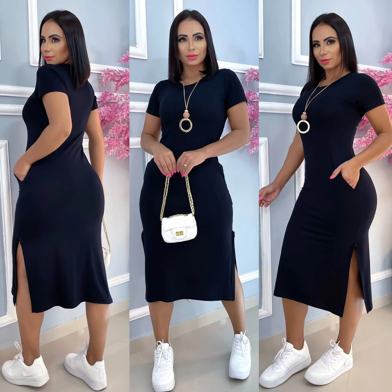 women's viscolycra midi dress with pocket trend summer