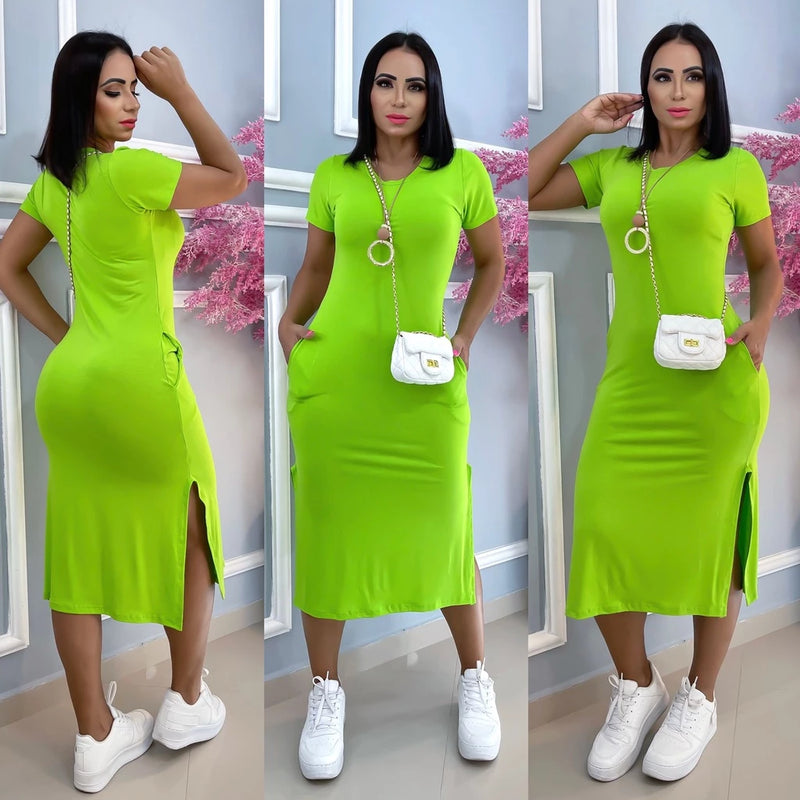 women's viscolycra midi dress with pocket trend summer