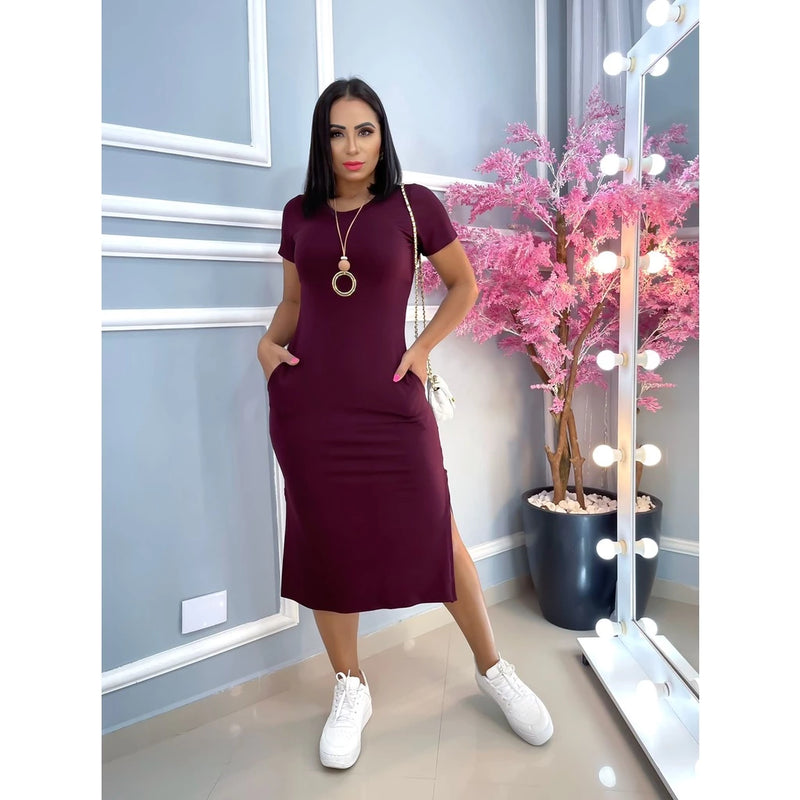 women's viscolycra midi dress with pocket trend summer