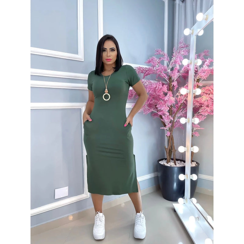 women's viscolycra midi dress with pocket trend summer