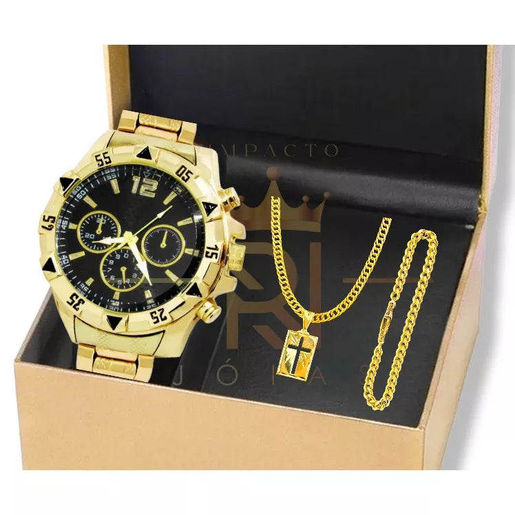 Conjunto masculino de relógio, corrente e pulseira com pingente de cruz.