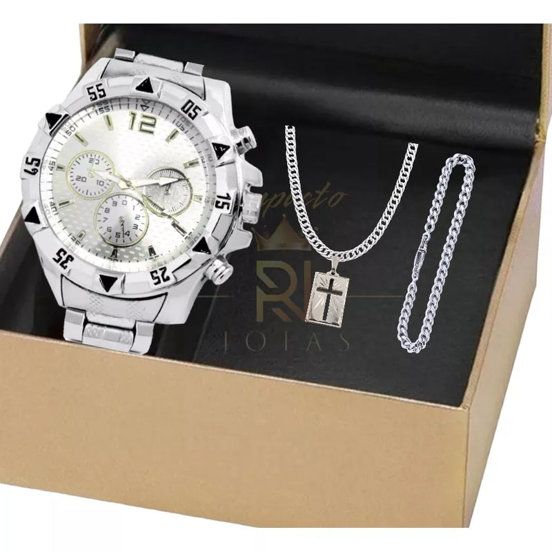 Conjunto masculino de relógio, corrente e pulseira com pingente de cruz.