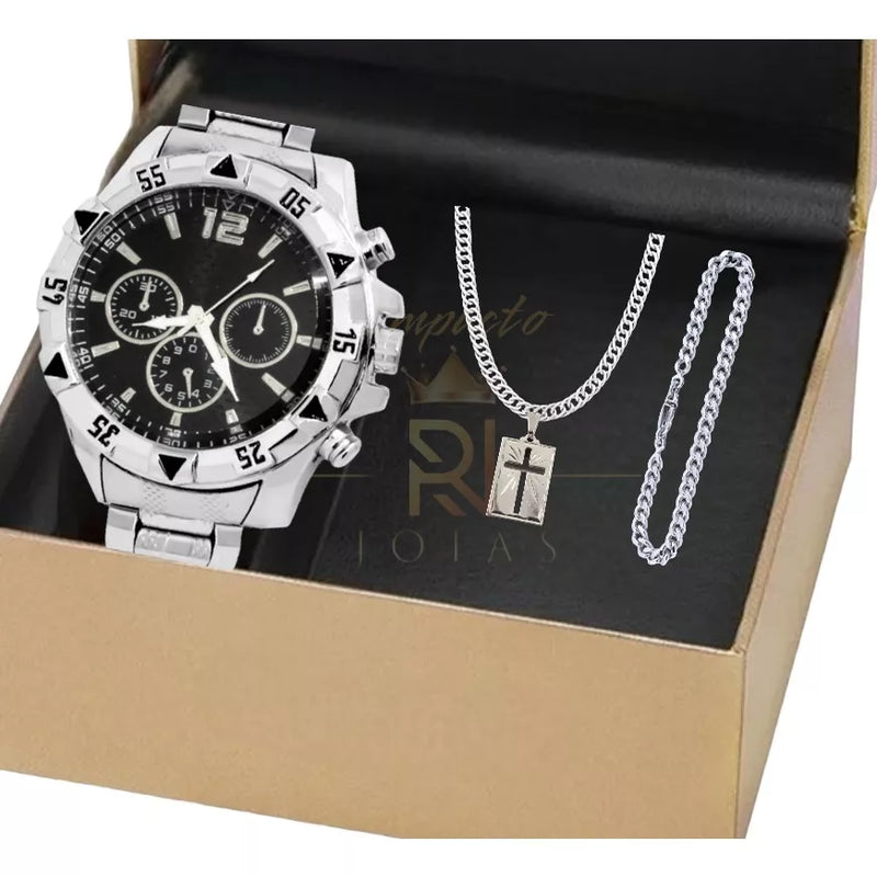 Conjunto masculino de relógio, corrente e pulseira com pingente de cruz.
