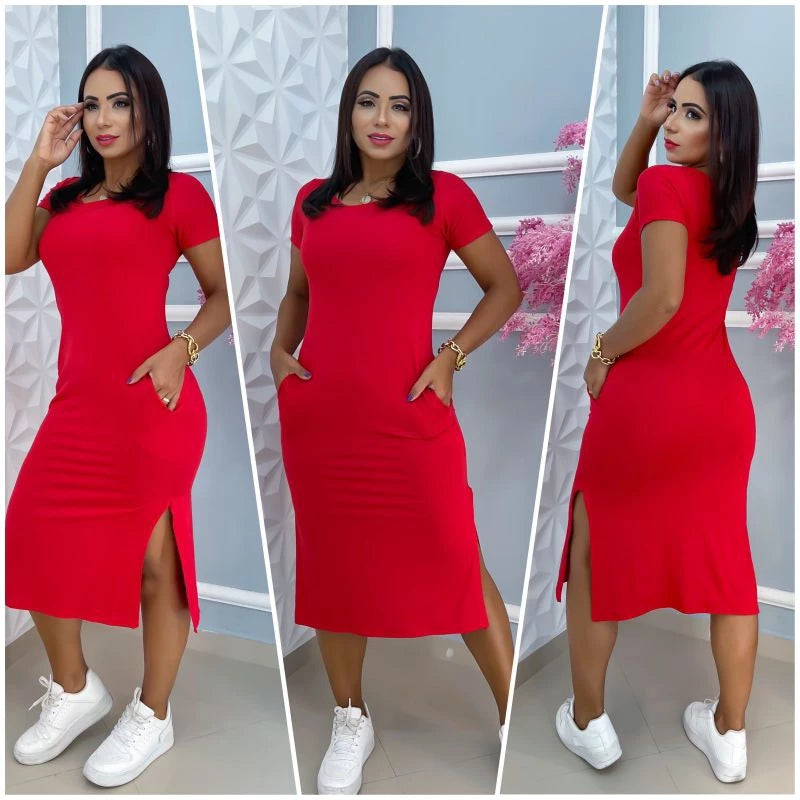 women's viscolycra midi dress with pocket trend summer