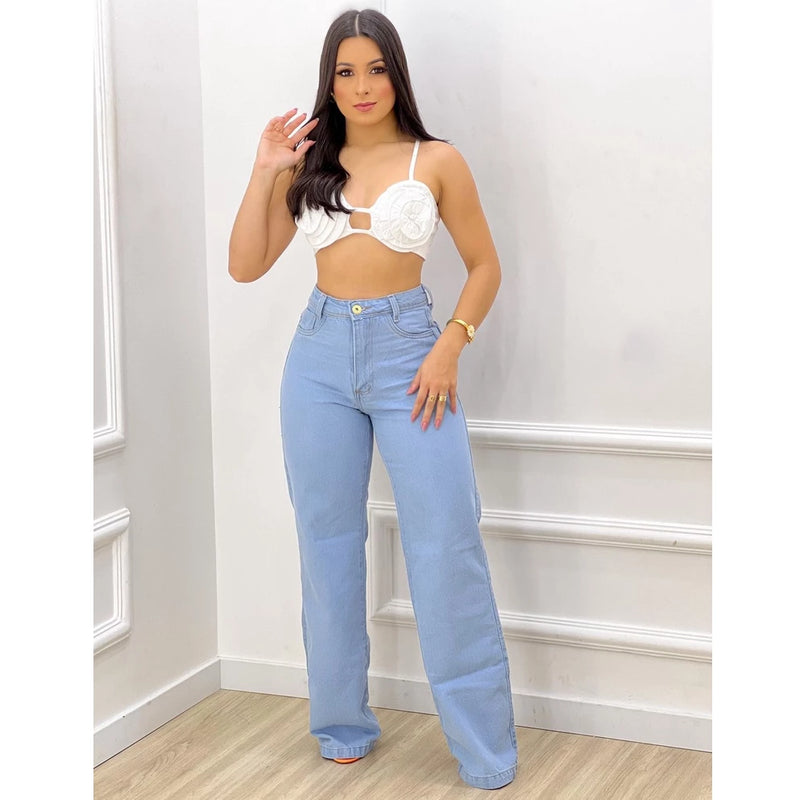Women's Stylish Wide Leg Light Jeans High Waist Top IMMEDIATE SHIPPING