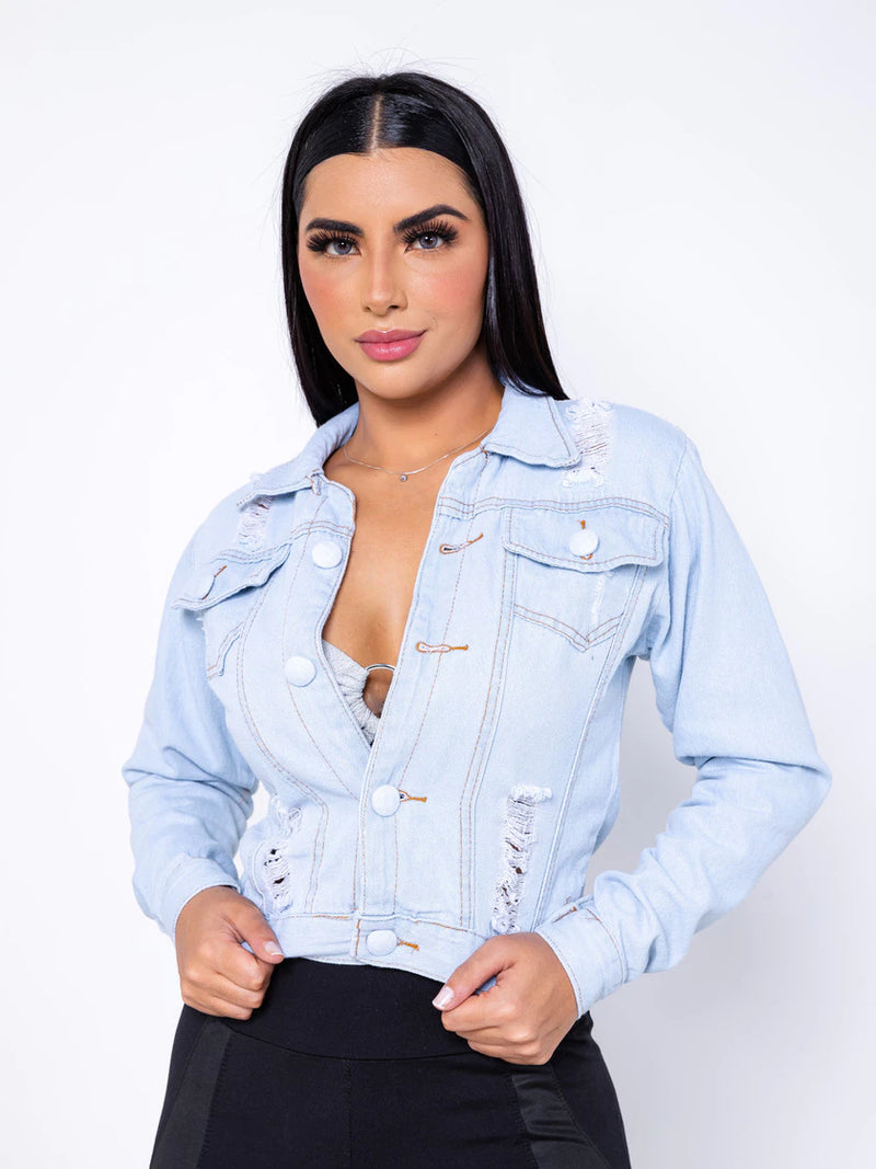 Jaqueta Jeans Claro Feminina Forrada de Botão