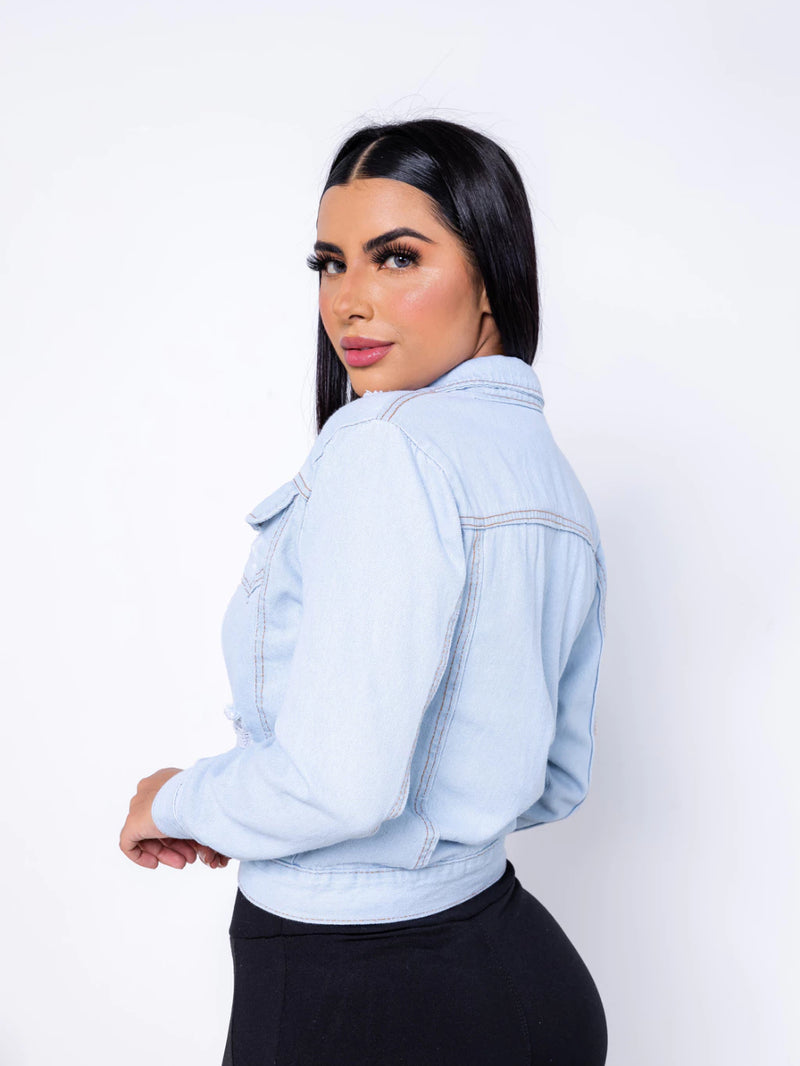 Jaqueta Jeans Claro Feminina Forrada de Botão