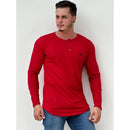 Camisa manga longa Longline masculina com gola portuguesa henley inverno, camisa de frio manga longa, camisa de botões.