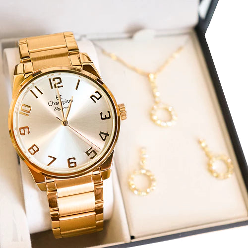 Champion Women's Elegance Gold Watch CN27652W + Necklace and Earrings Kit