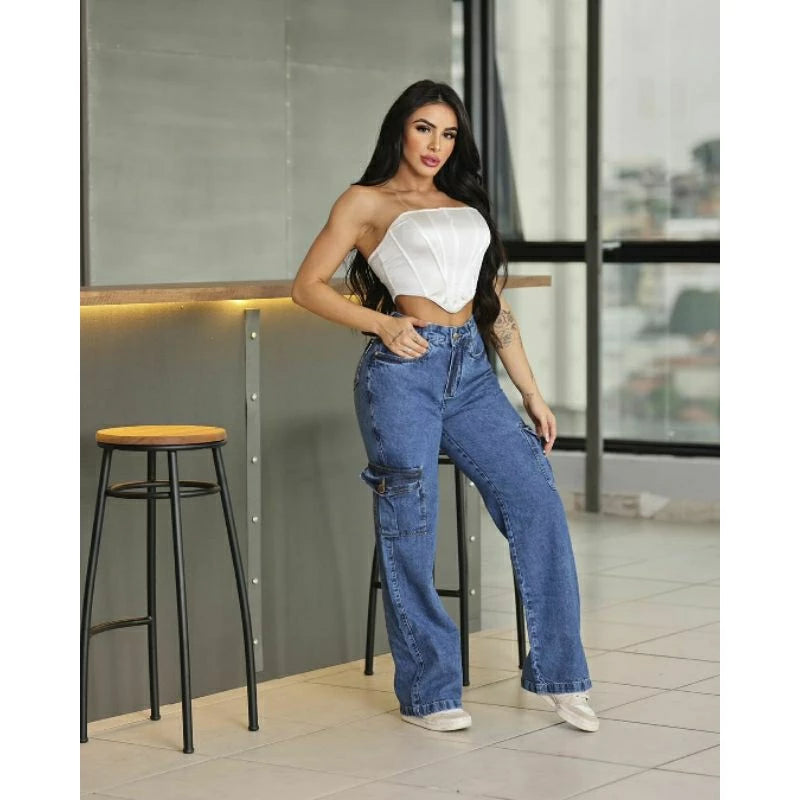 Calça Jeans Feminina Cargo Levanta Bumbum Cintura Alta