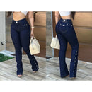 Calça Jeans Feminina Flare Cós Alto Ilhós Com Laycra Modeladora