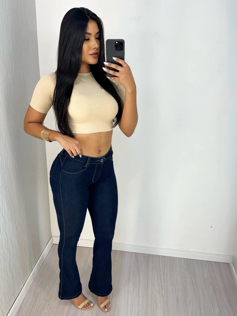 Calça Flare Jeans Feminina Cós Alto Levanta Bumbum Cintura Alta