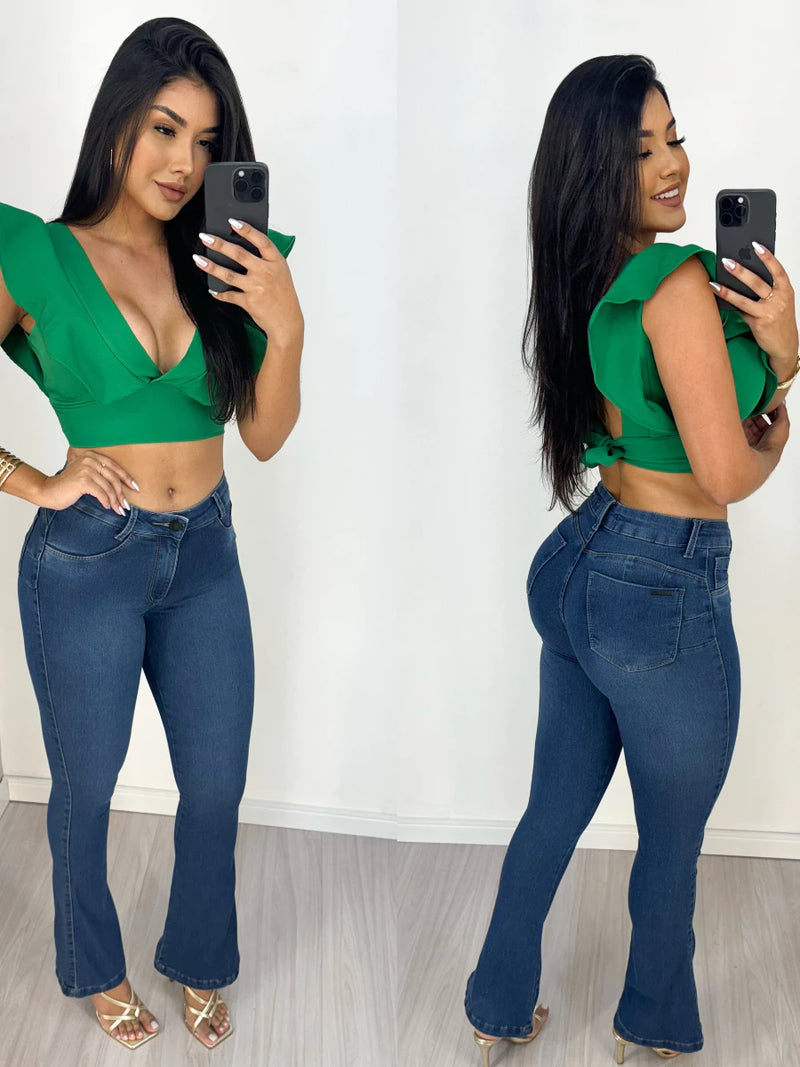 Calça Flare Jeans Feminina Cós Alto Levanta Bumbum Cintura Alta