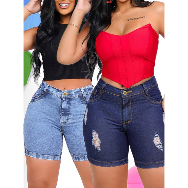 KIT Bermuda Jeans Feminina Meia Coxa Cintura Alta com Lycra Empina Bumbum