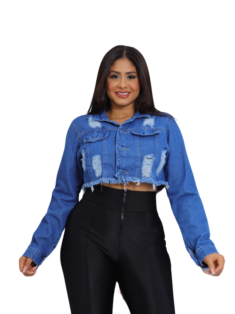 Jaqueta Jeans Feminina Cropped Rasgada – Tendência Estilo Blogueira